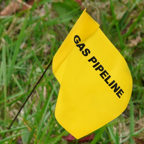 Yellow utility flag labeled "Gas Pipeline" in grassy area