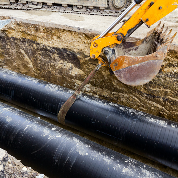 Excavator placing large pipe in trench