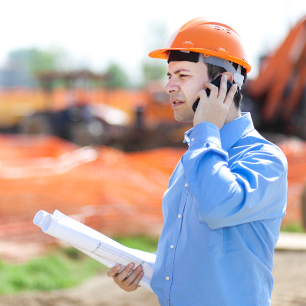 Engineer in hard hat on call at construction site