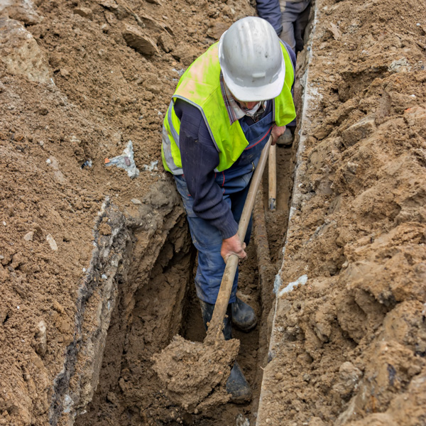 Worker digging trench with a shovel